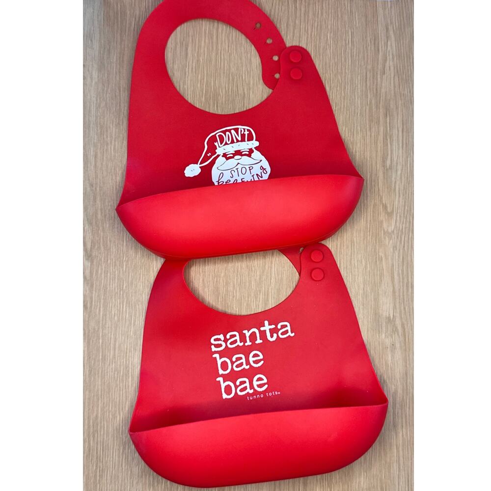 Bella Tunno Tots Silicone Baby Infant Food Bibs Lot Red Santa Christmas Holiday